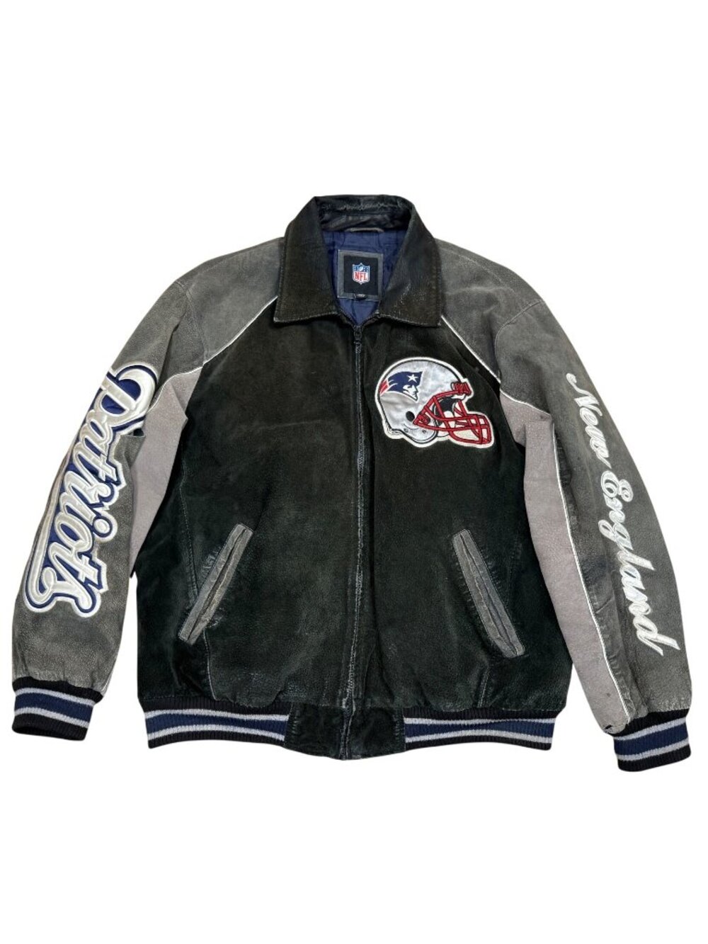 Vintage New England Patriots NFL Suede Leather Jacket Mens Large Full Zip Distre